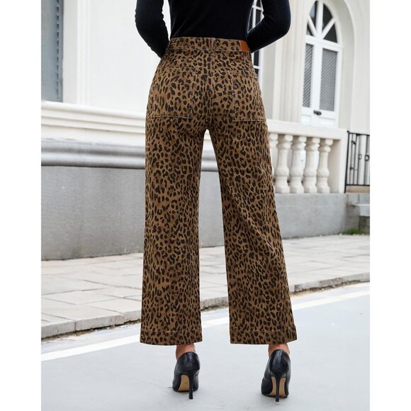 Wide Leg Denim Jeans Women High Waisted Ankle Length Leopard Cheetah Print - Picture 9 of 9